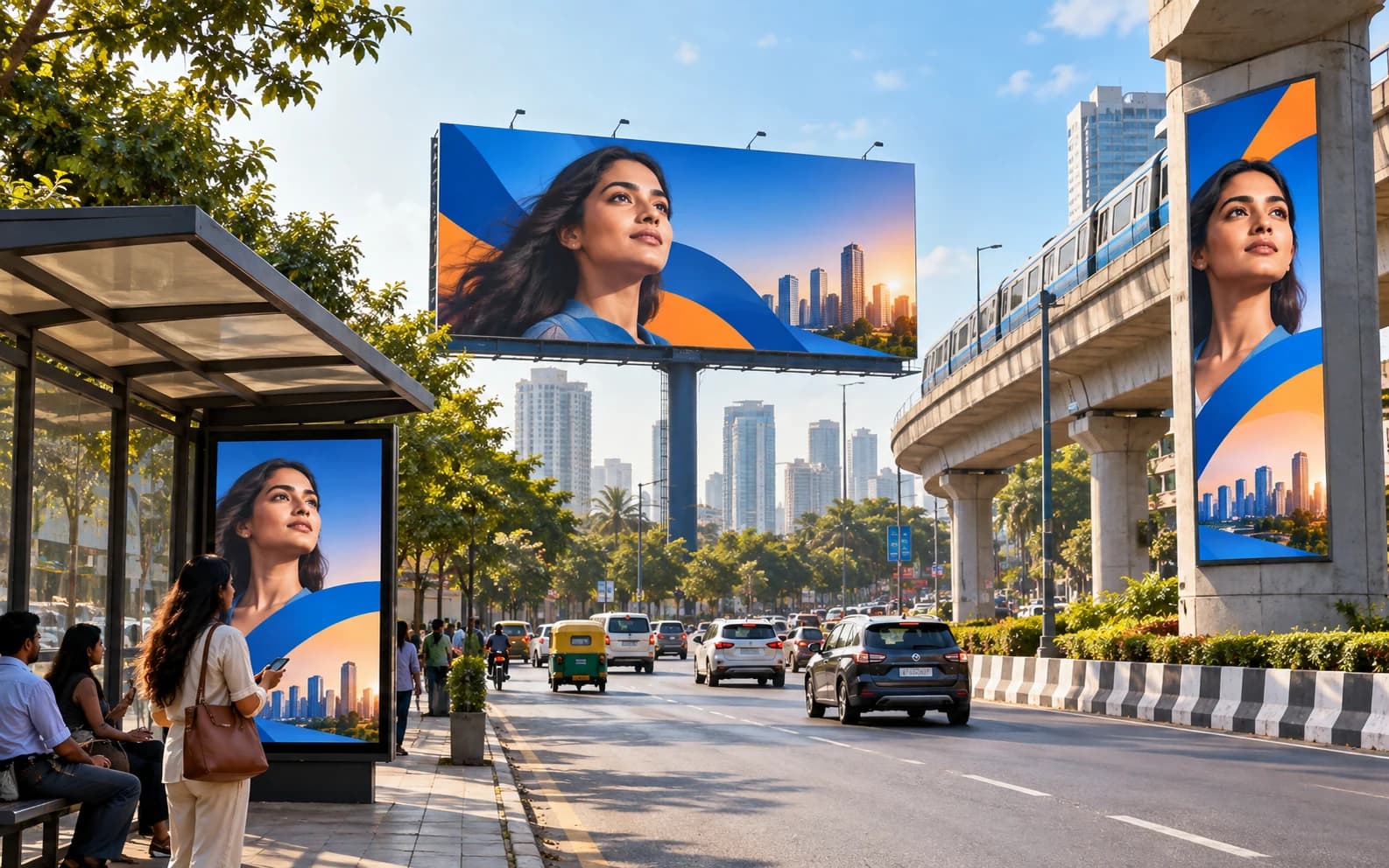Outdoor advertising campaign across a modern Indian city