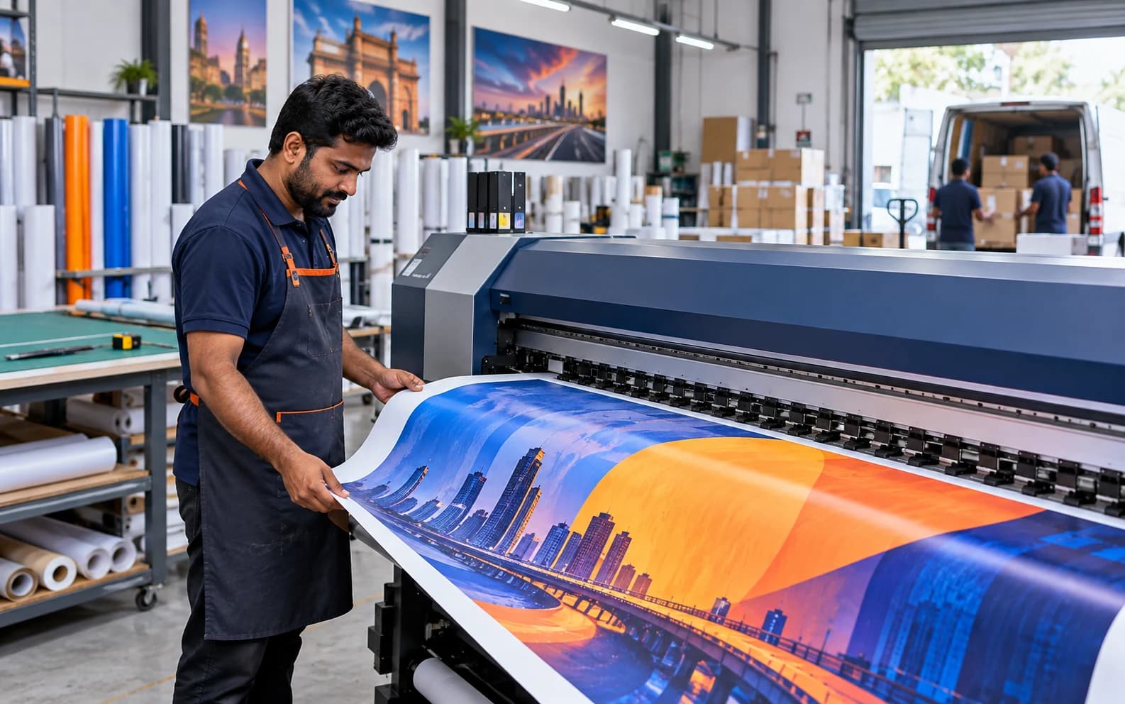A print production partner inspecting a large-format outdoor advertising print