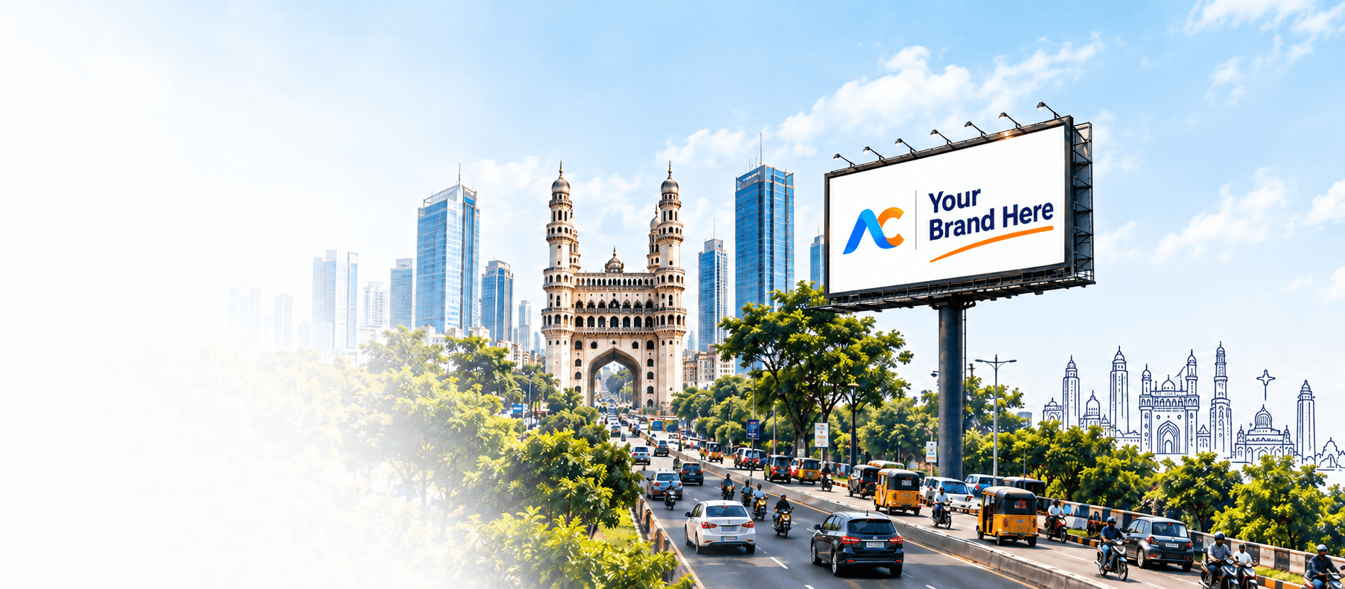 A large AdChowk billboard overlooking Hyderabad and the Charminar
