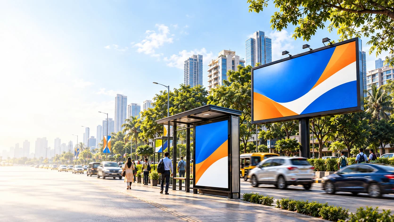 A neighbourhood billboard and bus shelter campaign on an Indian city street