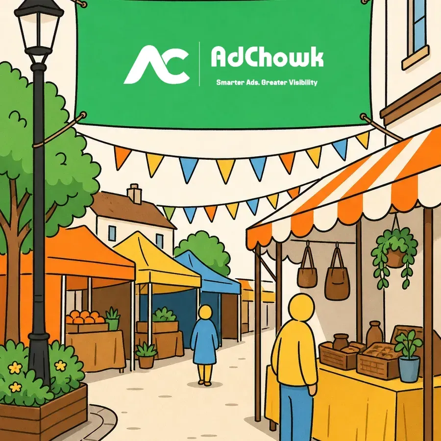 An illustration of feather flags and branded signage at a festival market