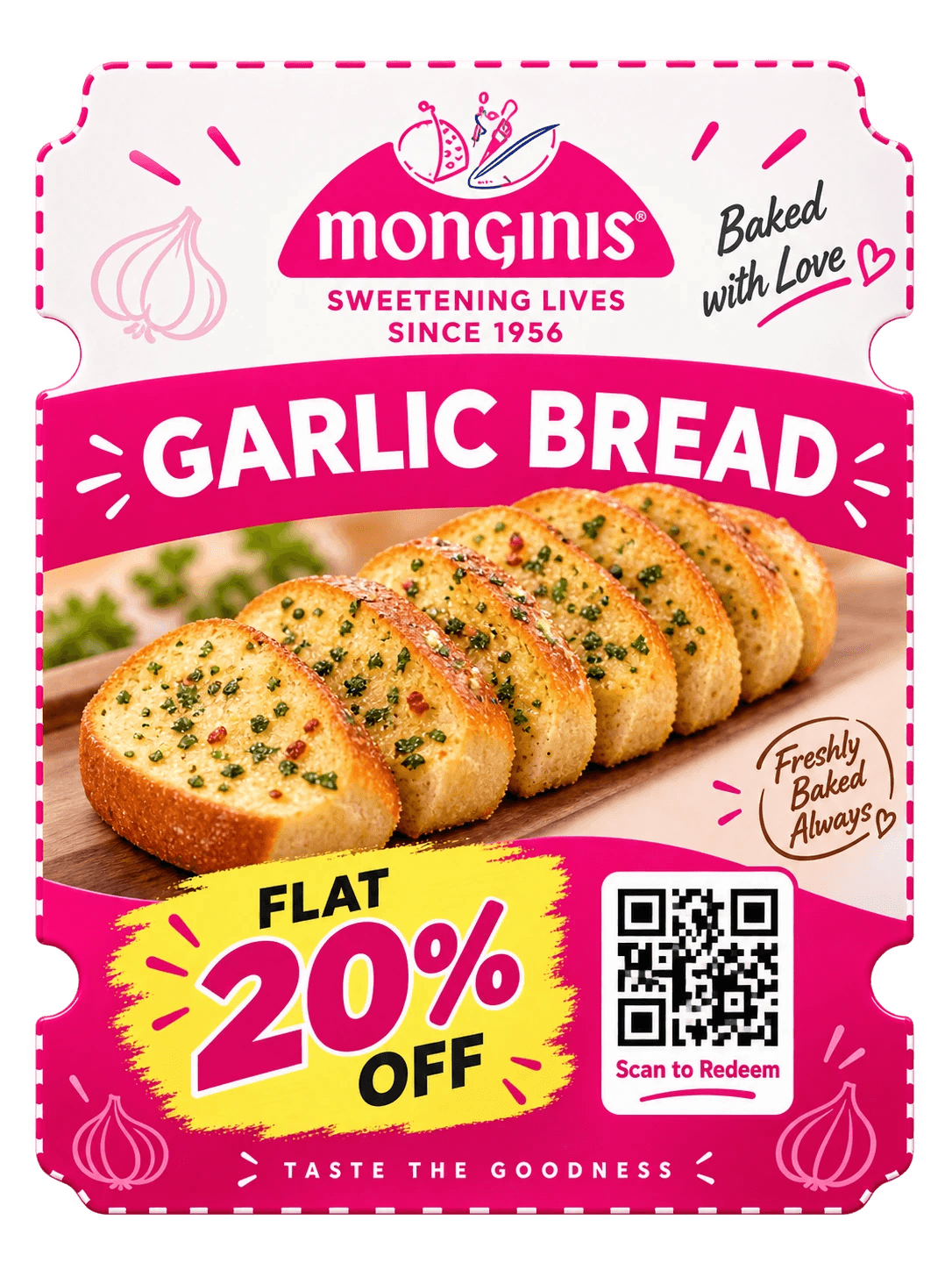 A pink Monginis garlic bread coupon offering flat 20% off, with a scan-to-redeem QR code