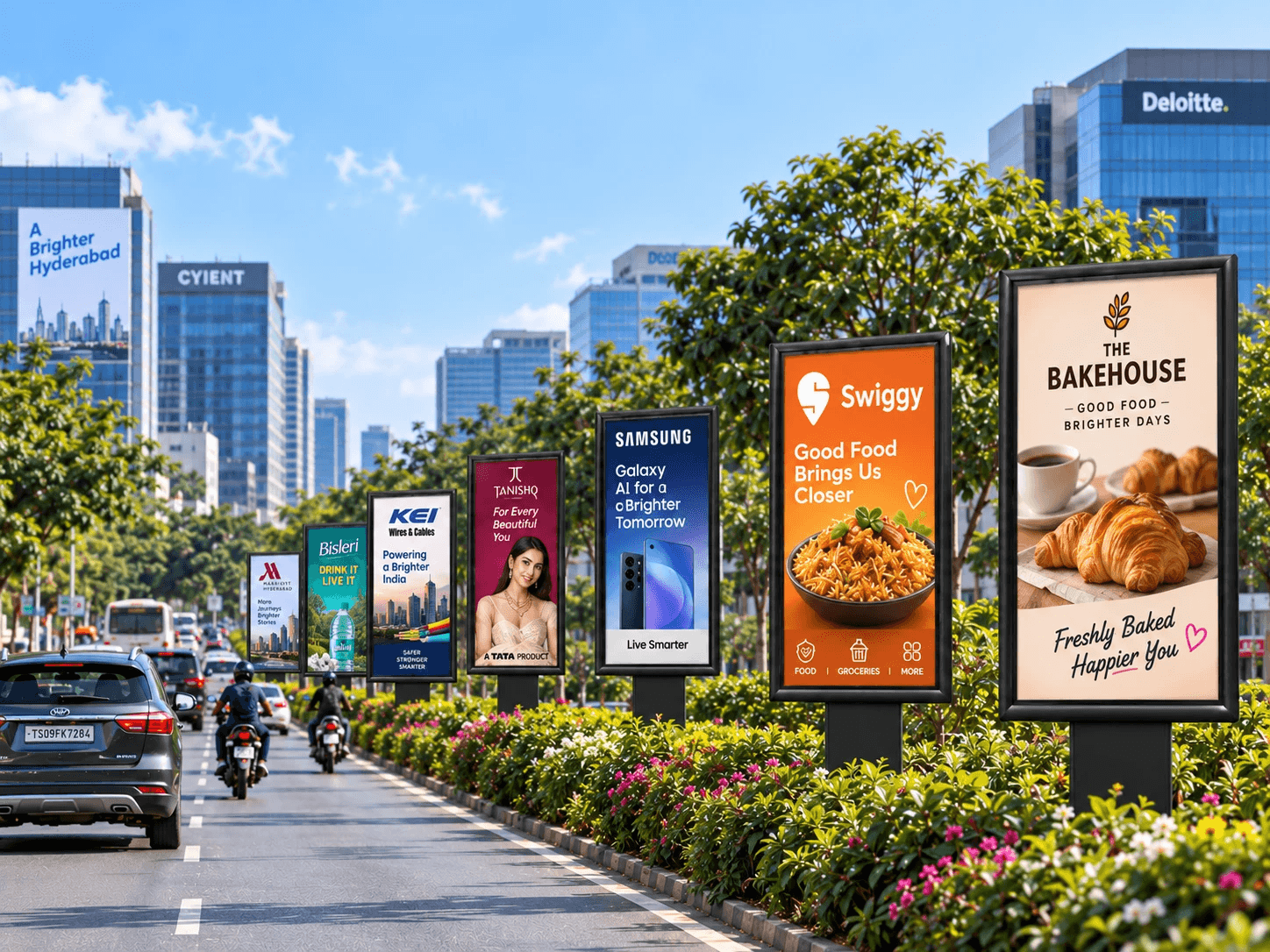 A row of branded pole kiosks along a road median