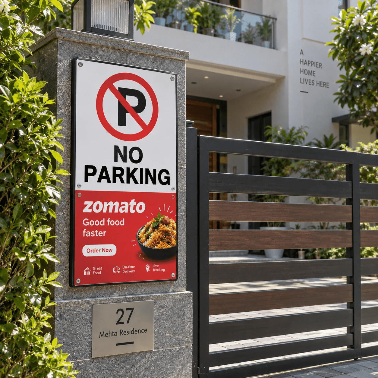 A branded Zomato no-parking board mounted on a residential gate pillar