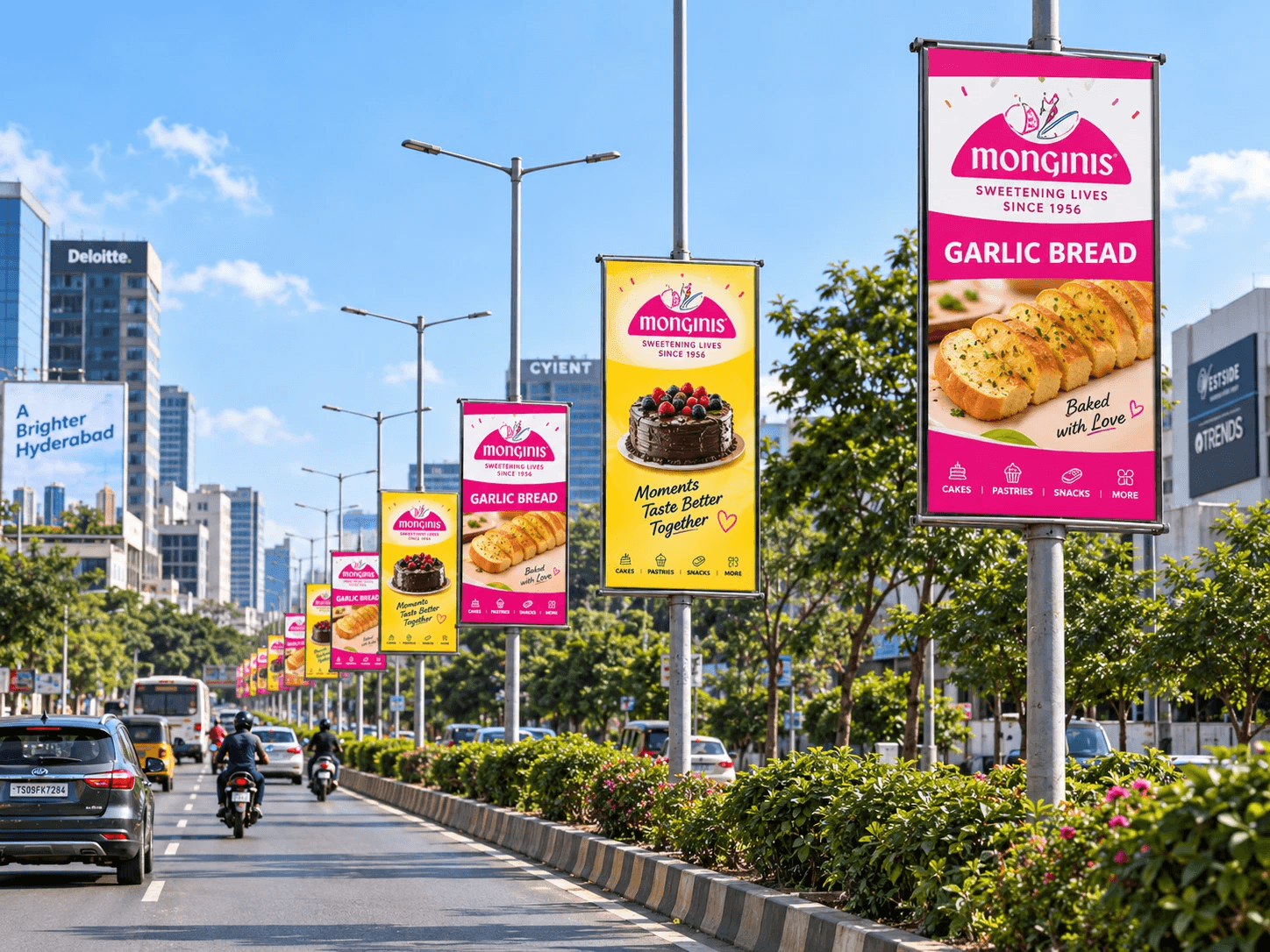 A row of branded pole banners along a city road