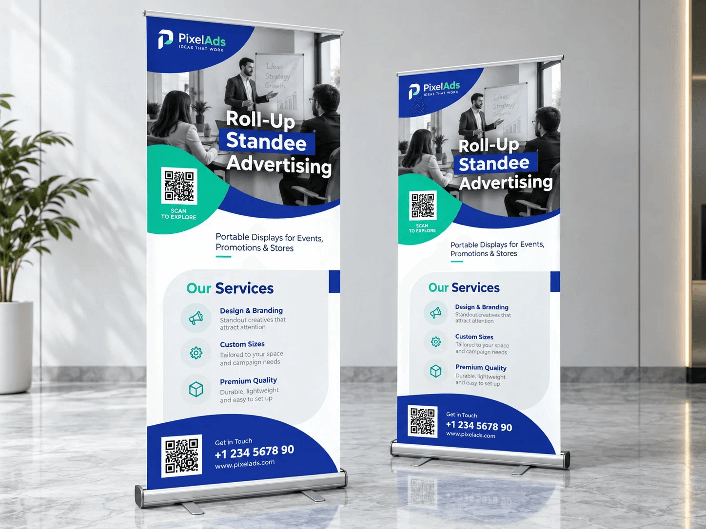 Two PixelAds roll-up standees on a polished lobby floor