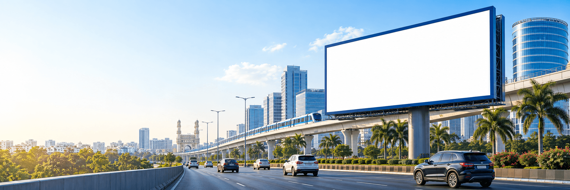 A city boulevard with a prominent outdoor advertising billboard