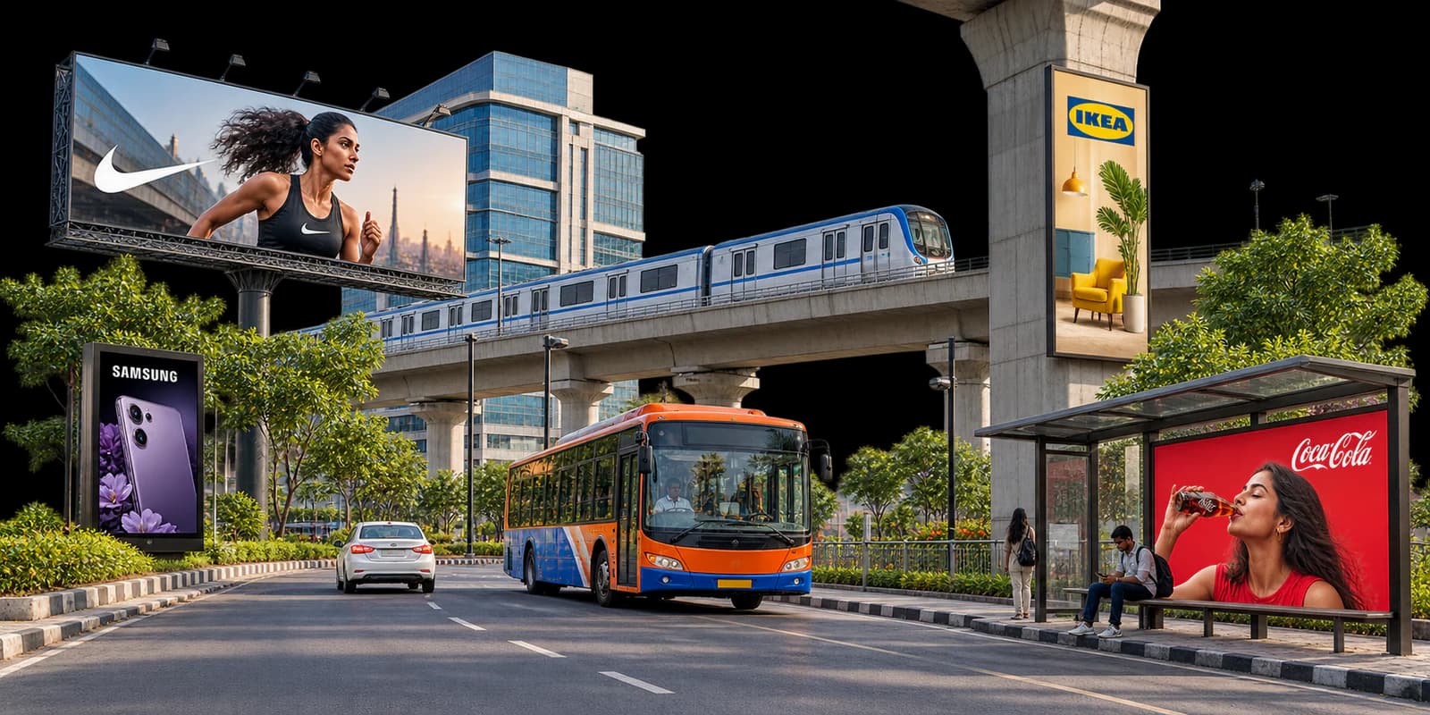 A planned outdoor mix across Hyderabad: a billboard, a metro pillar panel, a bus shelter and a city bus on one street