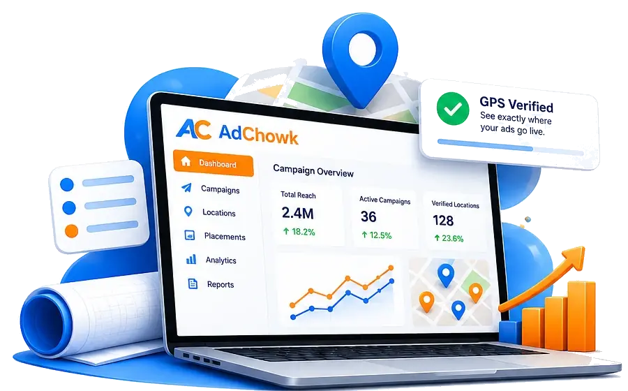 Illustration of an AdChowk campaign dashboard with location and proof information