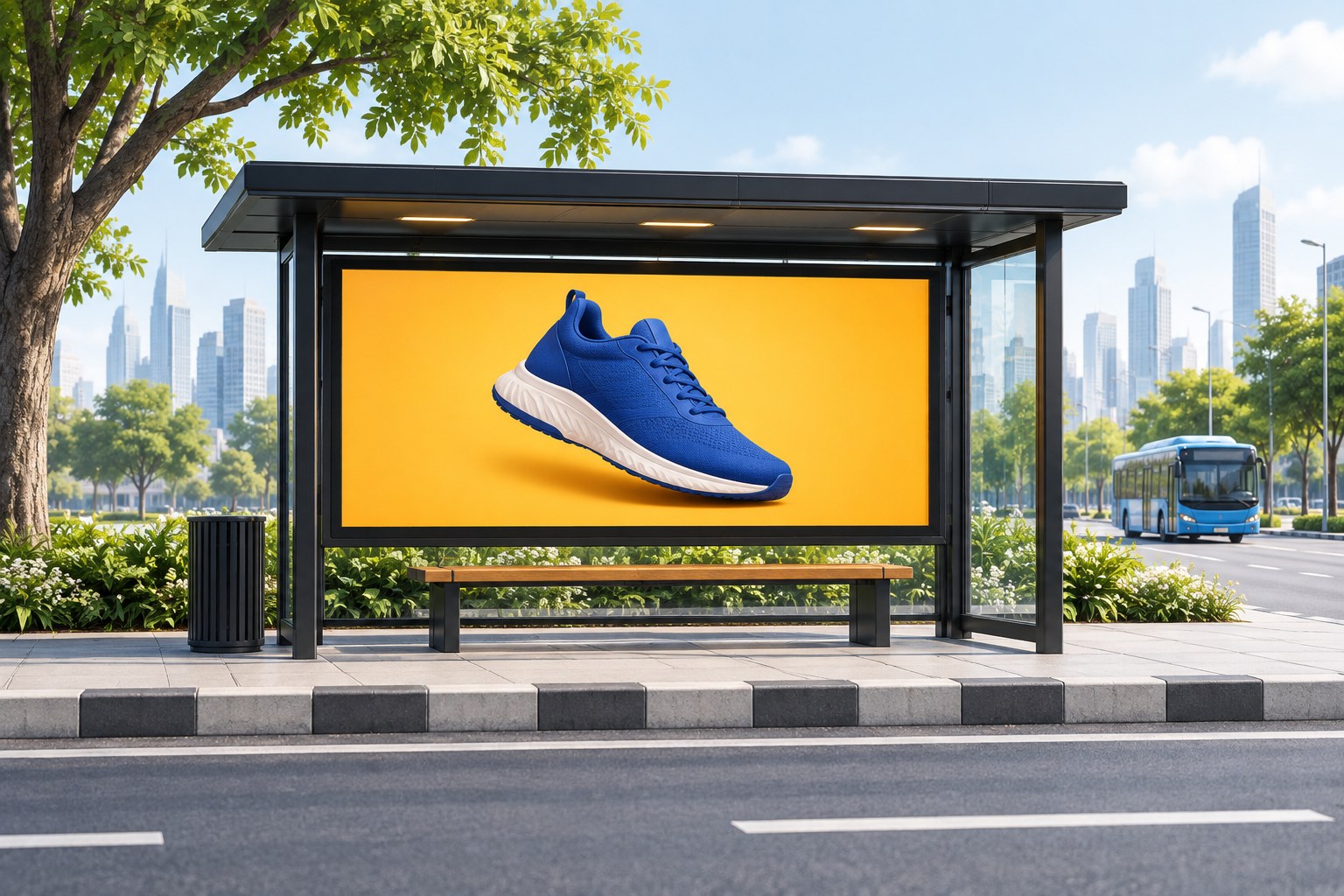 Digital advertisement displayed at a neighborhood bus shelter