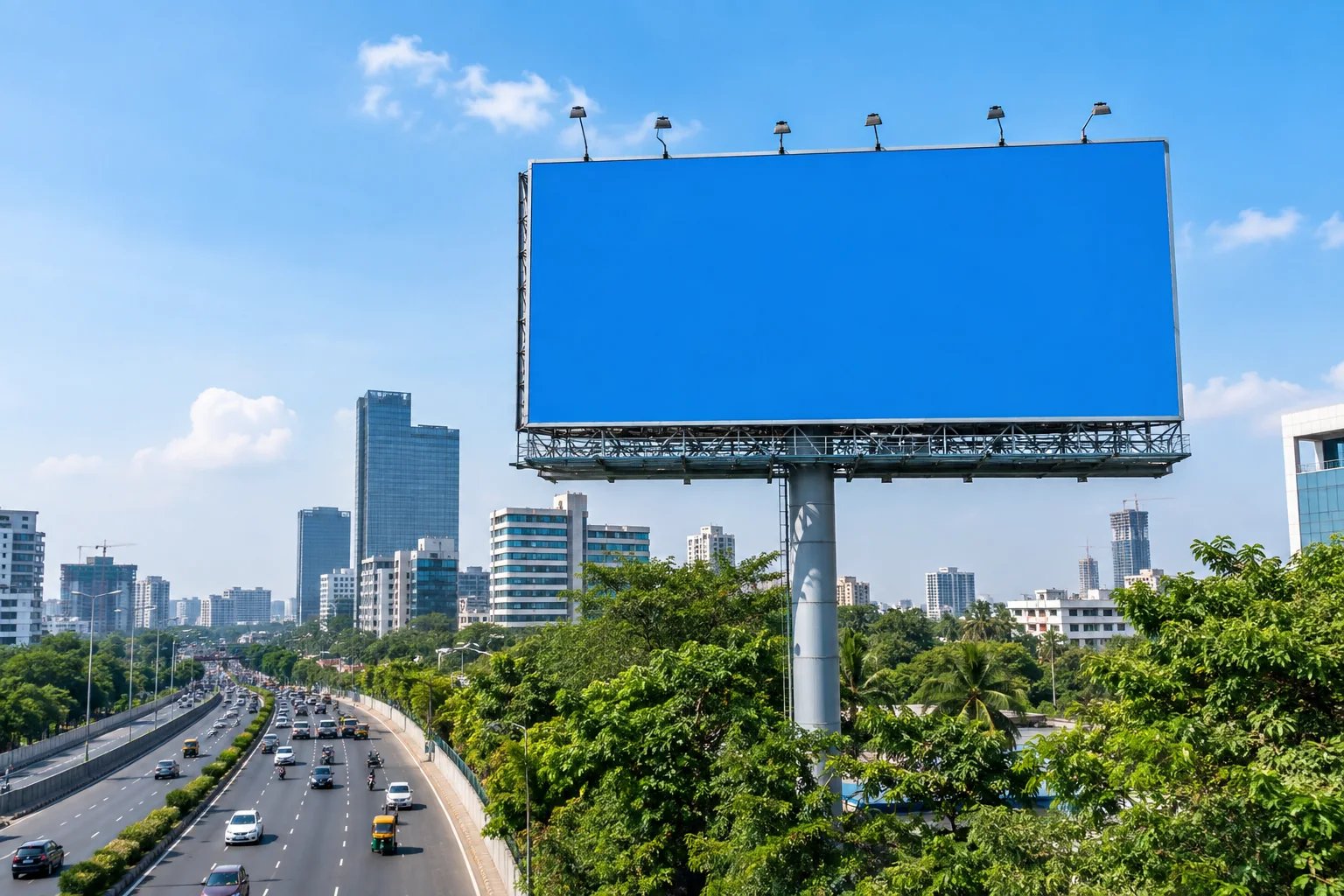 Blue billboard above a city road